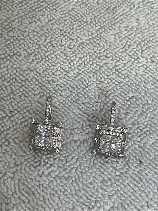 None Jewelry - Sterling Silver 925 CZ Princess Cut Double Halo Baguette Leverback Earrings